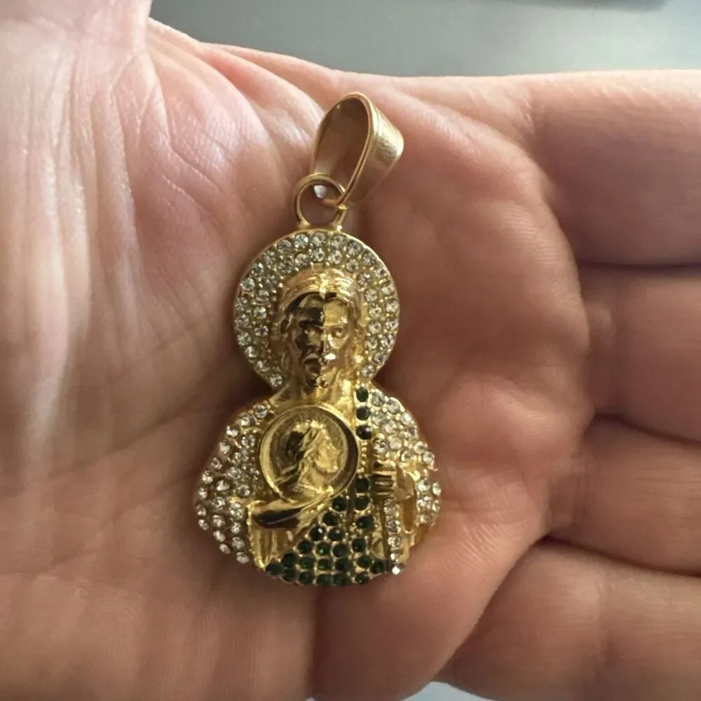 Saint Jude Thaddeus Pendant Gold Stainless Steel 24” Chain Jesus Cubic Zirconia